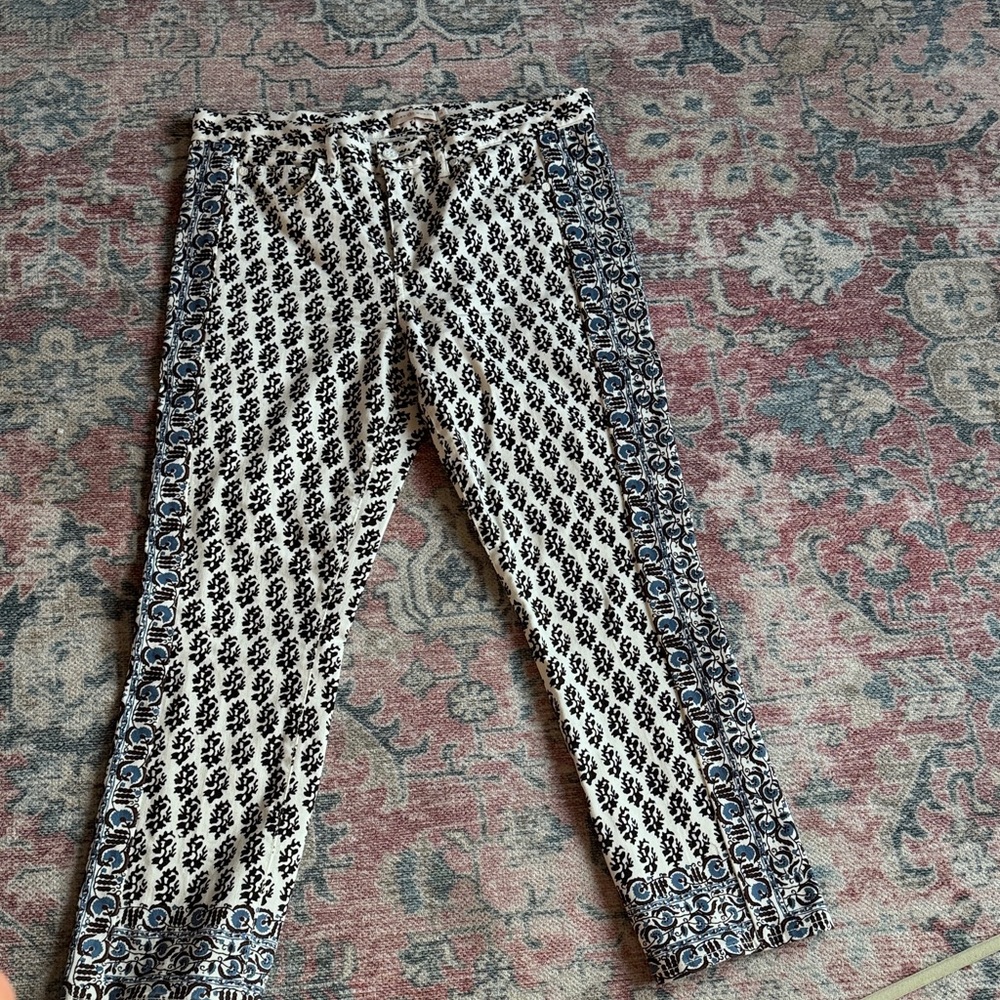 Tory Burch Cream & Black Patterned Ankle Jeans with Blue Border
